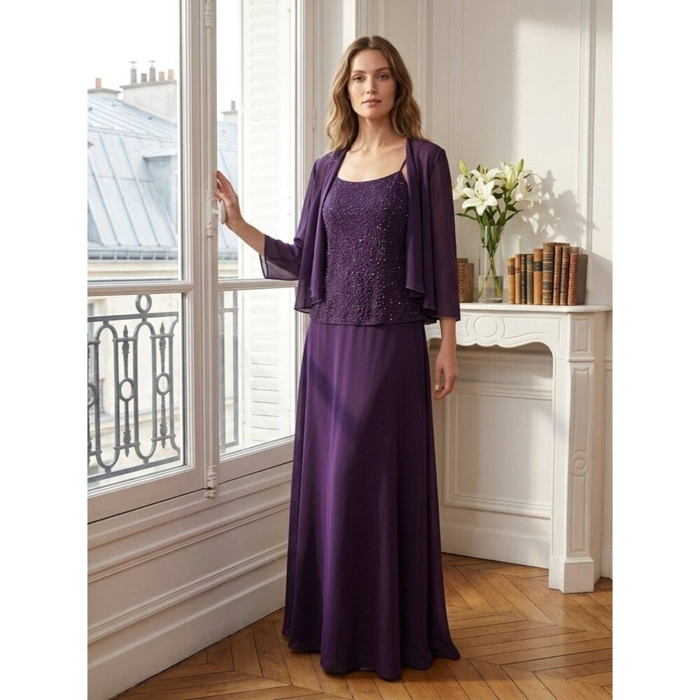 Giosi de Paola Purple Beaded Formal Gown Sheer Beaded Jacket Set Dress Size 8